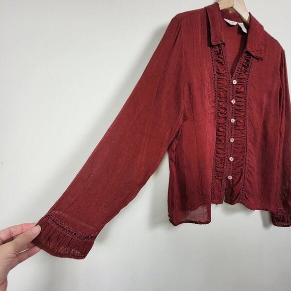 J Jill Long Sleeve Button Down Blouse Currant Red Women Size M Rayon Sheer Lace - Picture 4 of 11